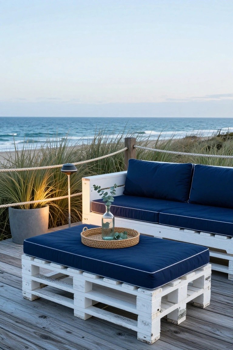 White pallet wood sofa and ottoman with navy cushions on a weathered wooden deck, positioned near beach grass and ocean view with a potted plant, lamp, and eucalyptus tray nearby.