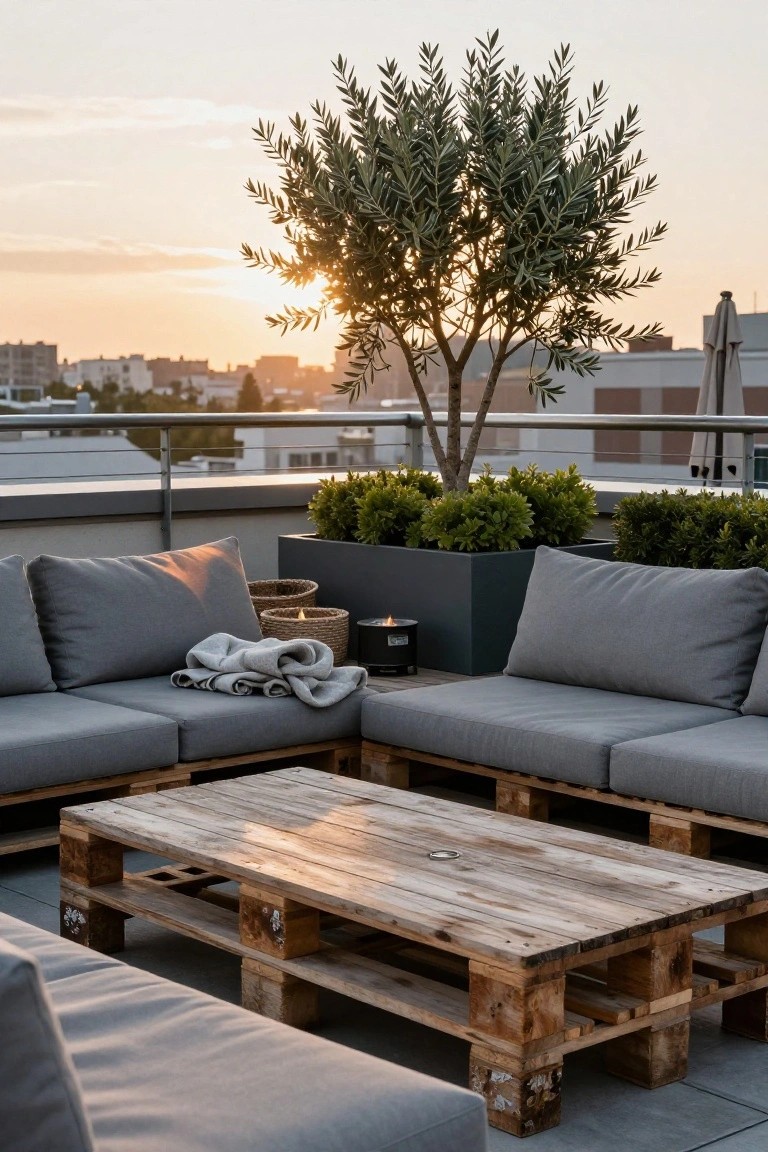 Rooftop terrace with L-shaped gray cushioned seating and wooden pallet coffee table, potted olive tree and boxwood shrubs, candles, and city skyline view at sunset.