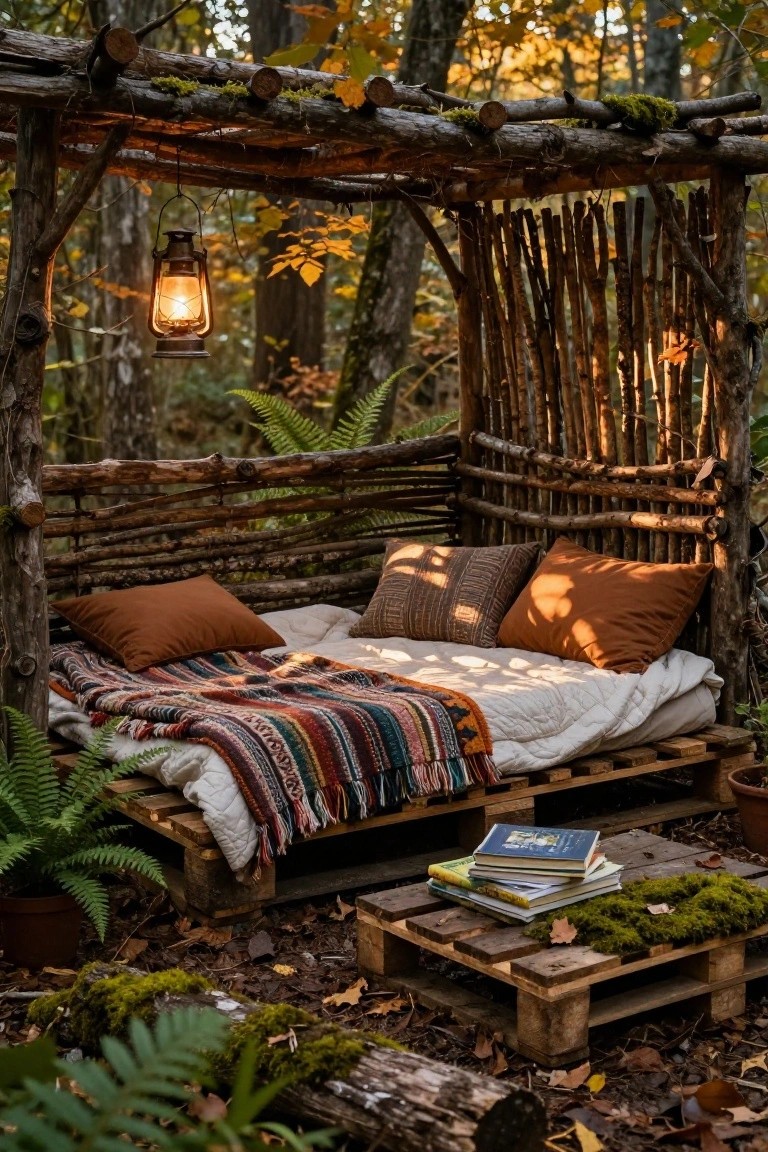 Wooden pallet bed platform with beige mattress, orange pillows, multicolored blankets, books on a nearby pallet table, hanging lantern, ferns, and mossy branches in a forest clearing.