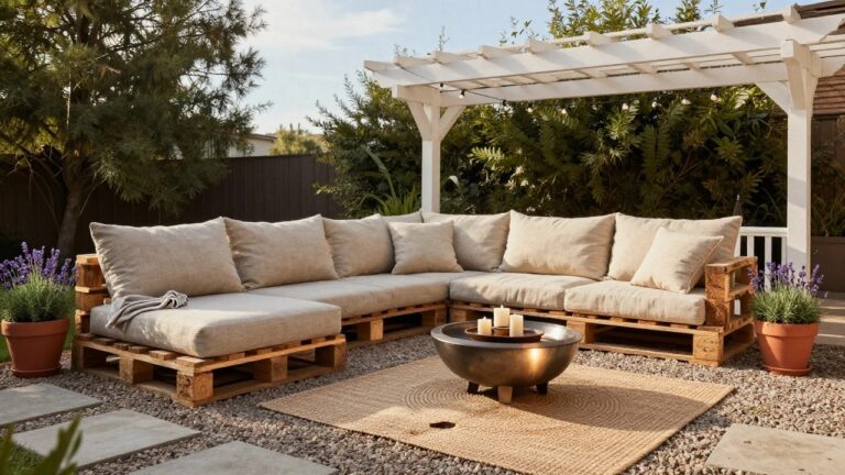 17 Simple Pallet Garden Seating Ideas Perfect For Summer Evenings L-shaped outdoor sofa built from wooden pallets with beige cushions and a throw, next to a pallet coffee table with candles, under a white pergola strung with lights, on a gravel patio with lavender plants and a fire bowl nearby.