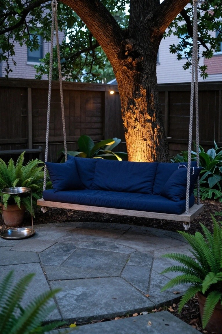 A navy blue cushioned wooden swing bed suspended by thick ropes from a large tree trunk in a backyard, surrounded by ferns and plants on a stone paver patio at dusk.