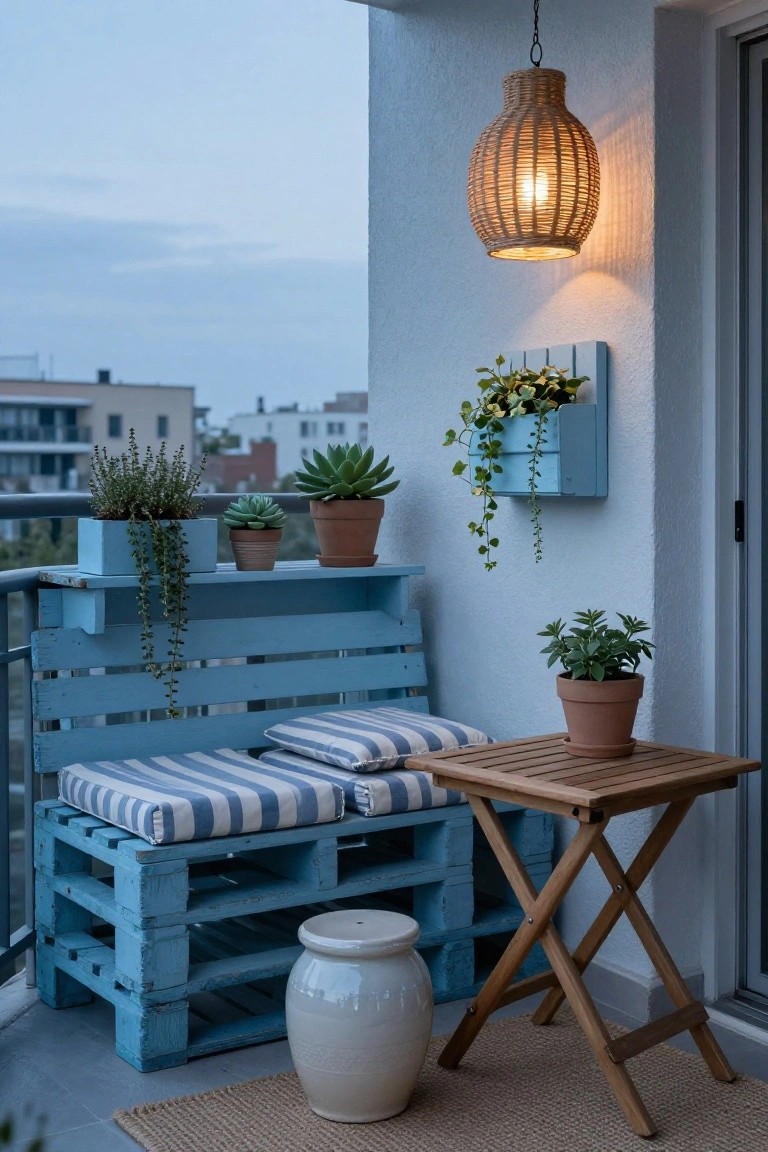 Cozy balcony with blue pallet bench, wooden table, plants, and woven lantern.