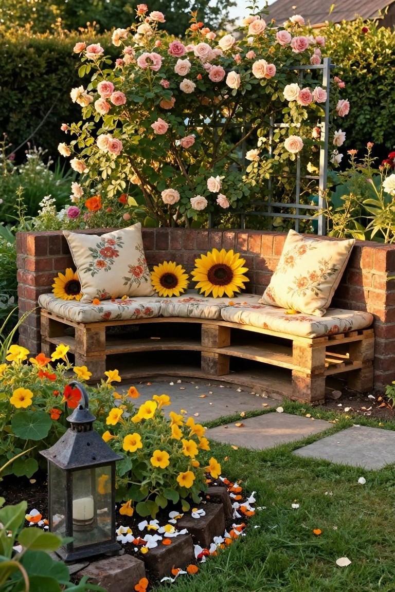 Wooden pallet bench with beige floral cushions and large yellow sunflower pillows against a brick wall in a garden with climbing pink roses on a metal trellis, orange nasturtium flowers, a black metal lantern, and scattered petals on stone pavers.