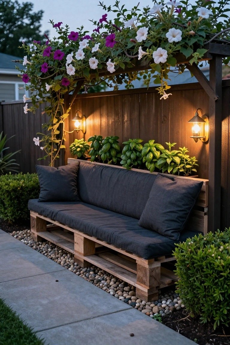 Wooden pallet bench with dark cushions under a flowering pergola.