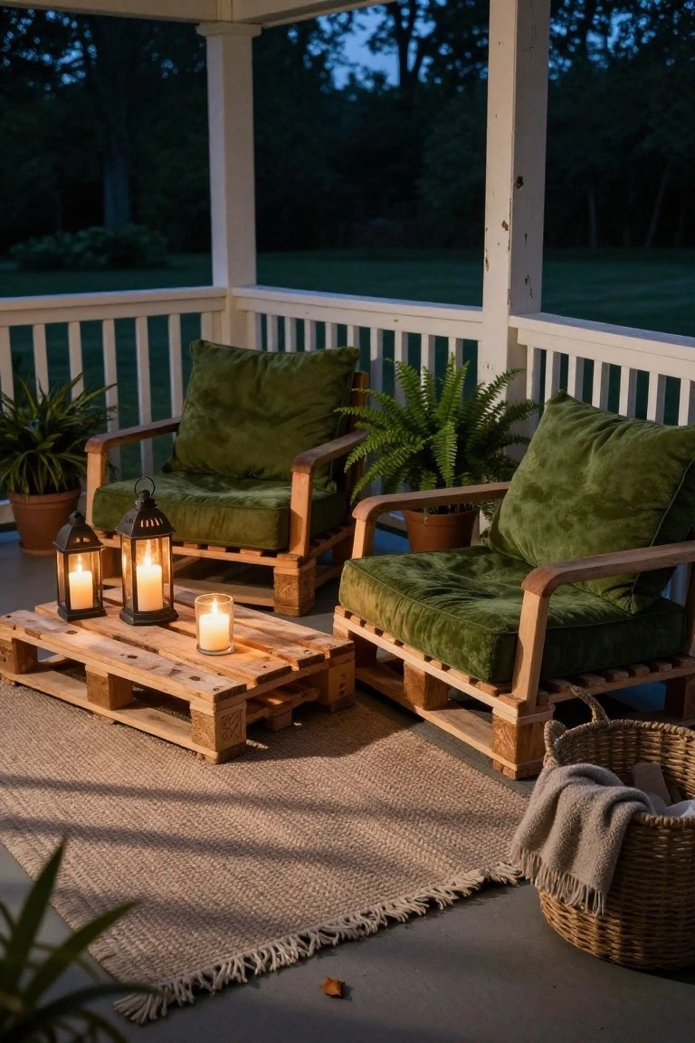 Two green velvet-cushioned chairs and a low table made from wooden pallets arranged on a covered porch at dusk, with lanterns, potted plants, a rug, and a basket nearby.