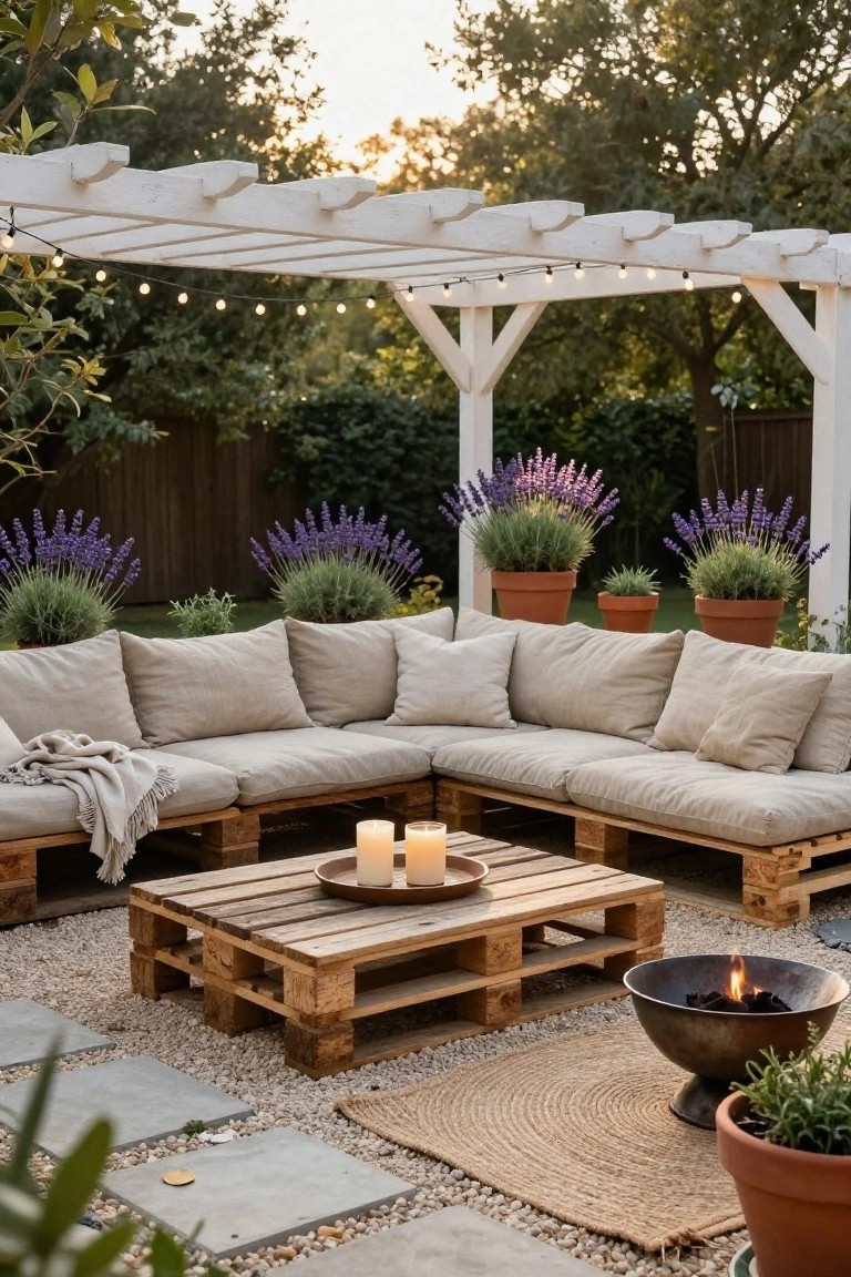 L-shaped outdoor sofa built from wooden pallets with beige cushions and a throw, next to a pallet coffee table with candles, under a white pergola strung with lights, on a gravel patio with lavender plants and a fire bowl nearby.