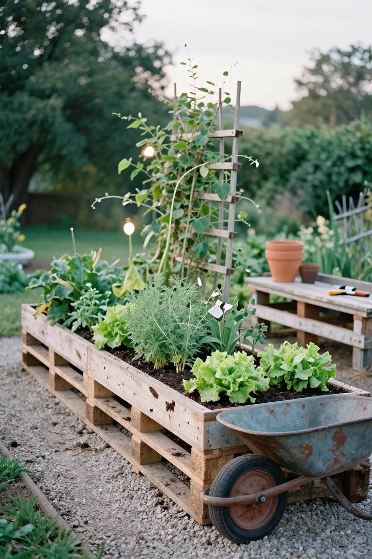 Long wooden pallet raised garden bed filled with lettuce, herbs, and other vegetables next to a trellis with climbing vines, a wooden bench, terracotta pots, and a rusty wheelbarrow planter on a gravel path surrounded by greenery and trees.