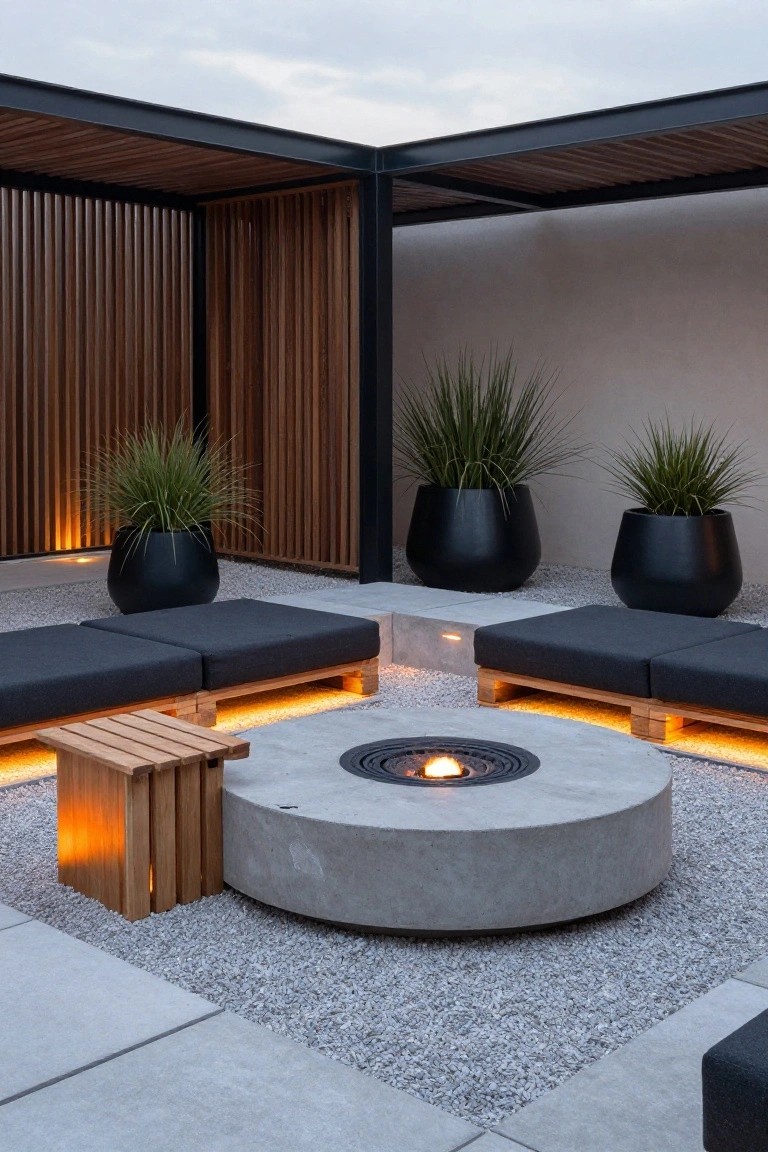 Outdoor terrace featuring black cushioned seats on elevated wooden pallet bases with underlighting, arranged around a circular concrete fire pit on gravel, with potted grasses and wooden screen walls nearby.