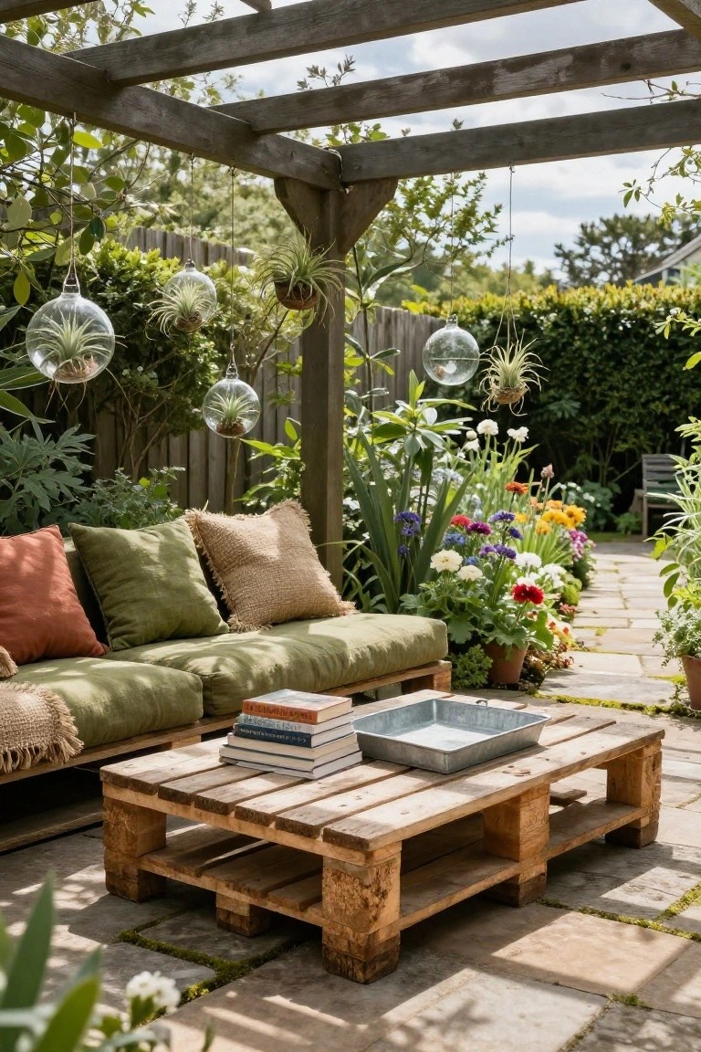 Wooden pallet sofa with green and orange cushions and a pallet coffee table holding stacked books and a metal tray, set under a pergola with hanging globe plants amid colorful flowers on a stone patio.