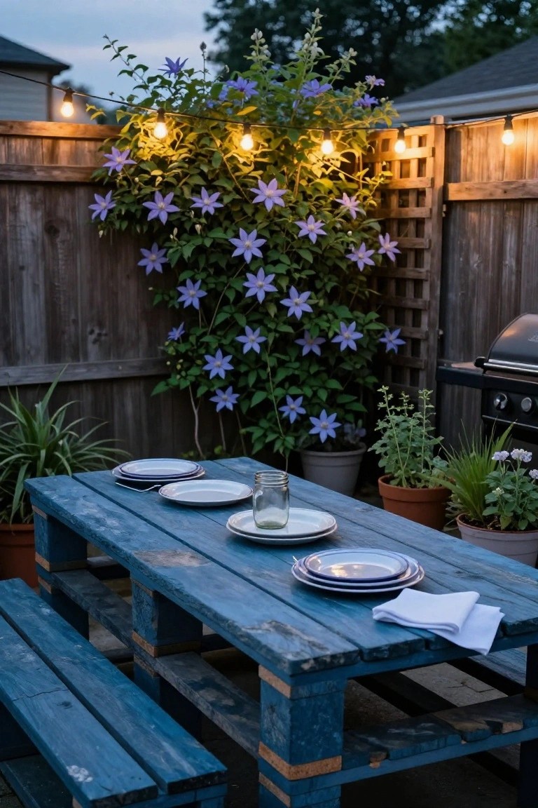 Blue painted pallet table and benches on a backyard patio set with stacked plates, a mason jar, white napkin, surrounded by potted plants, clematis vine on trellis and fence, barbecue grill, and string lights at dusk.