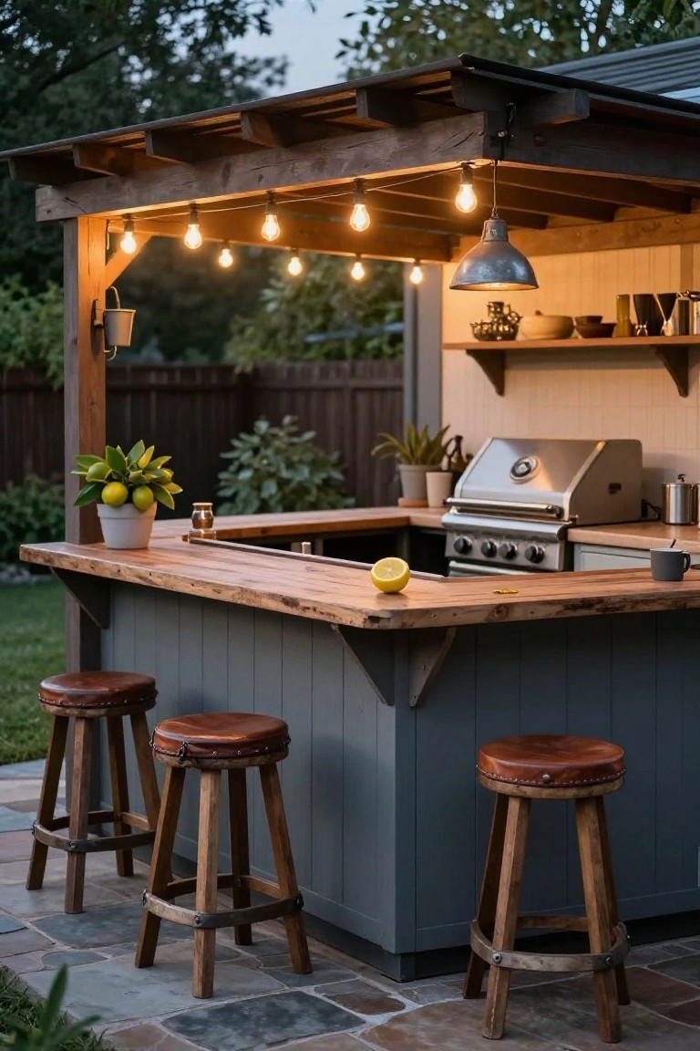 Wooden bar counter with stainless steel grill built in, four rustic leather-topped wooden bar stools, string lights and pendant lamp overhead, potted lemon tree and plants on a backyard patio with fence and greenery.