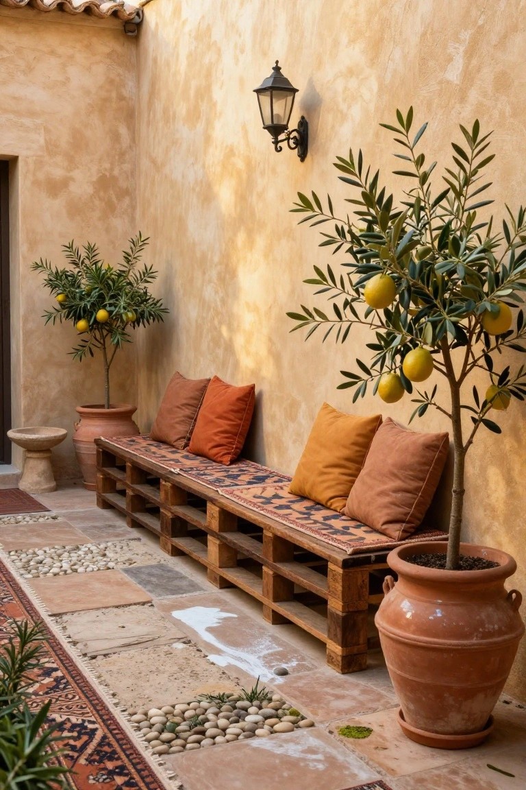 Wooden pallet bench with orange cushions and patterned rug against a beige stucco wall in a courtyard with olive trees in terracotta pots, stone path, lantern, and ground plants.