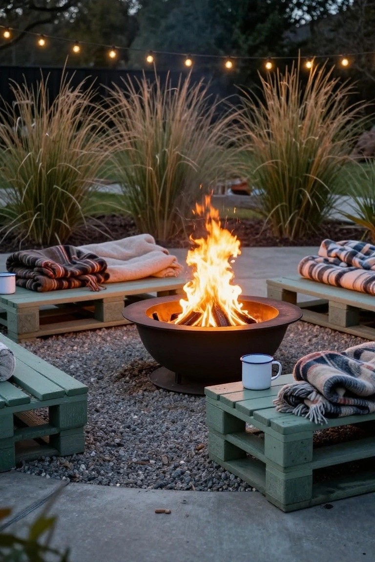 A black metal fire pit with flames surrounded by green wooden pallet benches topped with blankets and mugs on a gravel patio area with tall ornamental grasses and string lights in the background.