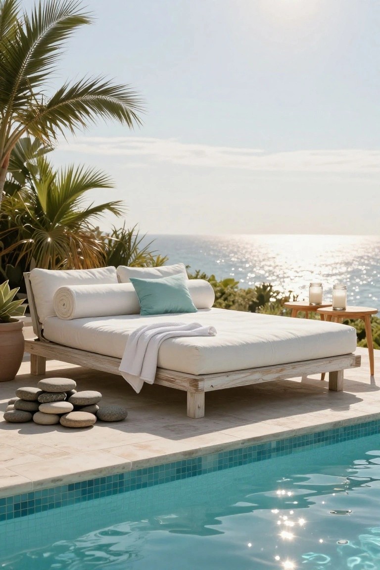 Wooden daybed with white cushions, rolled bolster pillows, and a throw blanket positioned beside a turquoise-tiled pool, with palm trees, potted plants, stacked stones, and ocean view in the background.