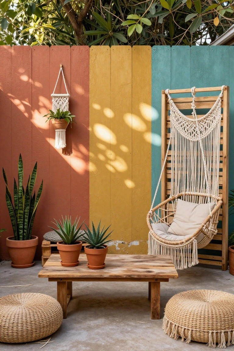 Outdoor patio with wooden slat fence painted in vertical sections of coral pink, yellow, and teal, a hanging rattan egg chair with cushions, low wooden coffee table, potted snake plants and aloes, macrame plant hanger, and woven floor poufs.