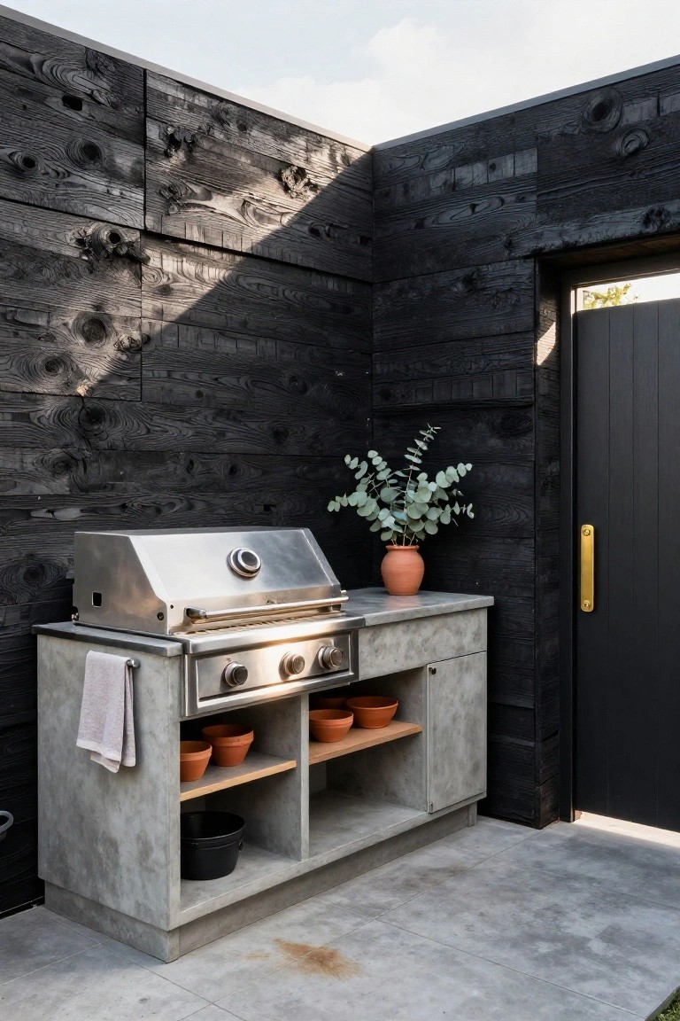Corner outdoor kitchen setup with stainless steel gas grill on gray concrete countertop and cabinets, flanked by black charred wood plank walls, potted plants on shelves, eucalyptus in orange pot on counter, black door with gold handle, and concrete paver floor.