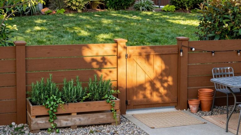 Wooden slat privacy fences surround a backyard corner with an L-shaped wooden bench, small round metal table, potted rosemary and ivy plants, stacked terracotta pots, string lights, on concrete pavers edged with gravel and grass.