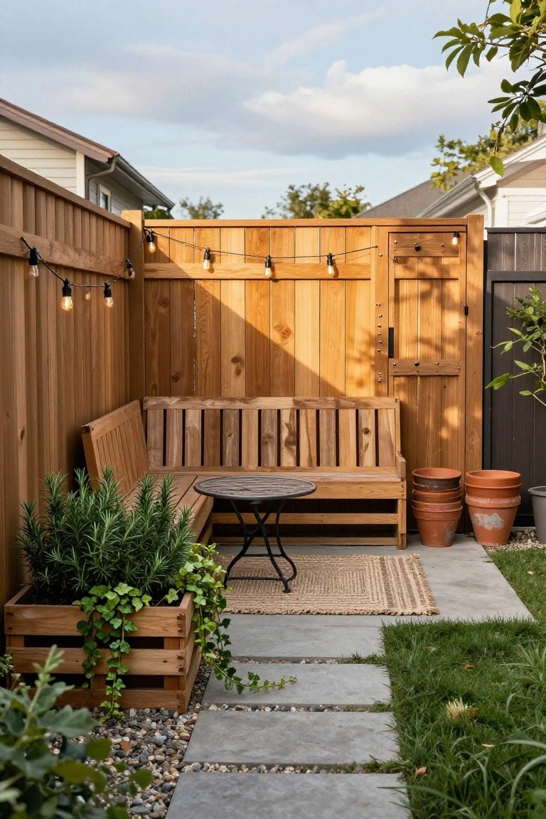 Wooden slat privacy fences surround a backyard corner with an L-shaped wooden bench, small round metal table, potted rosemary and ivy plants, stacked terracotta pots, string lights, on concrete pavers edged with gravel and grass.