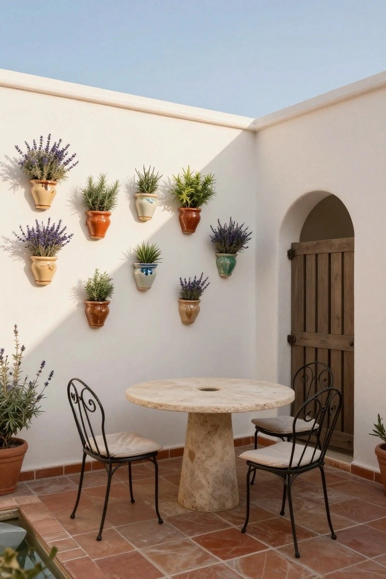 White stucco corner walls with various colorful terracotta hanging pots containing lavender, rosemary, and other herbs, next to a round stone pedestal table with two black wrought iron chairs on terracotta tile flooring and an arched wooden door.