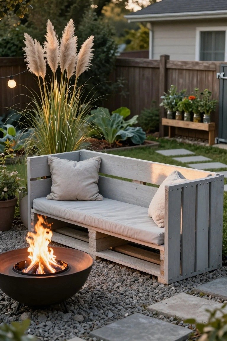 Gray wooden pallet bench with beige cushions positioned next to a black metal fire pit in a backyard with pampas grass, plants, gravel ground, stone path, and wooden fence.