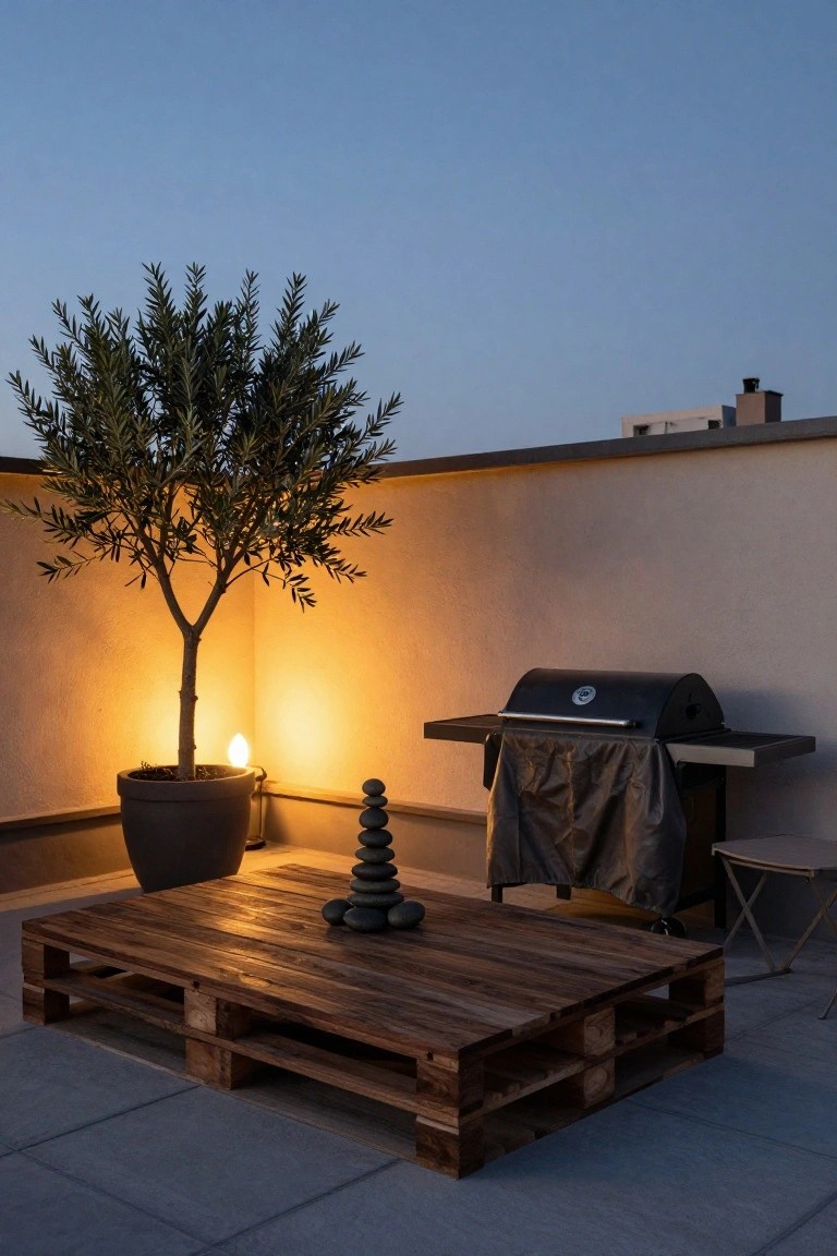 Rooftop terrace at dusk featuring a low wooden pallet coffee table with stacked stones on top, potted olive tree with warm lamp light, covered black barbecue grill, small round stool, and beige tiled flooring against a light-colored wall.