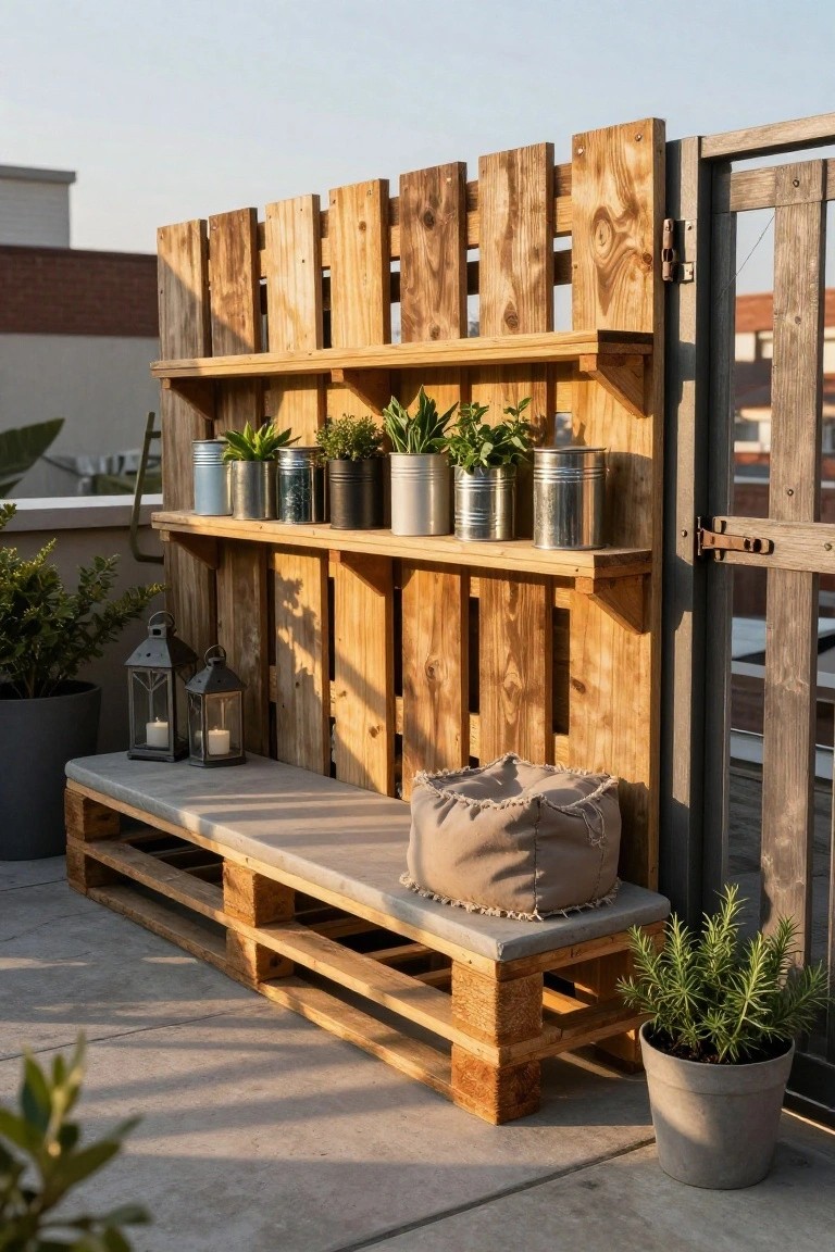 Wooden pallet fence with built-in shelves on a balcony holding plants in metal cans, next to a pallet bench with beige cushion, lanterns, and potted plants on the concrete floor.