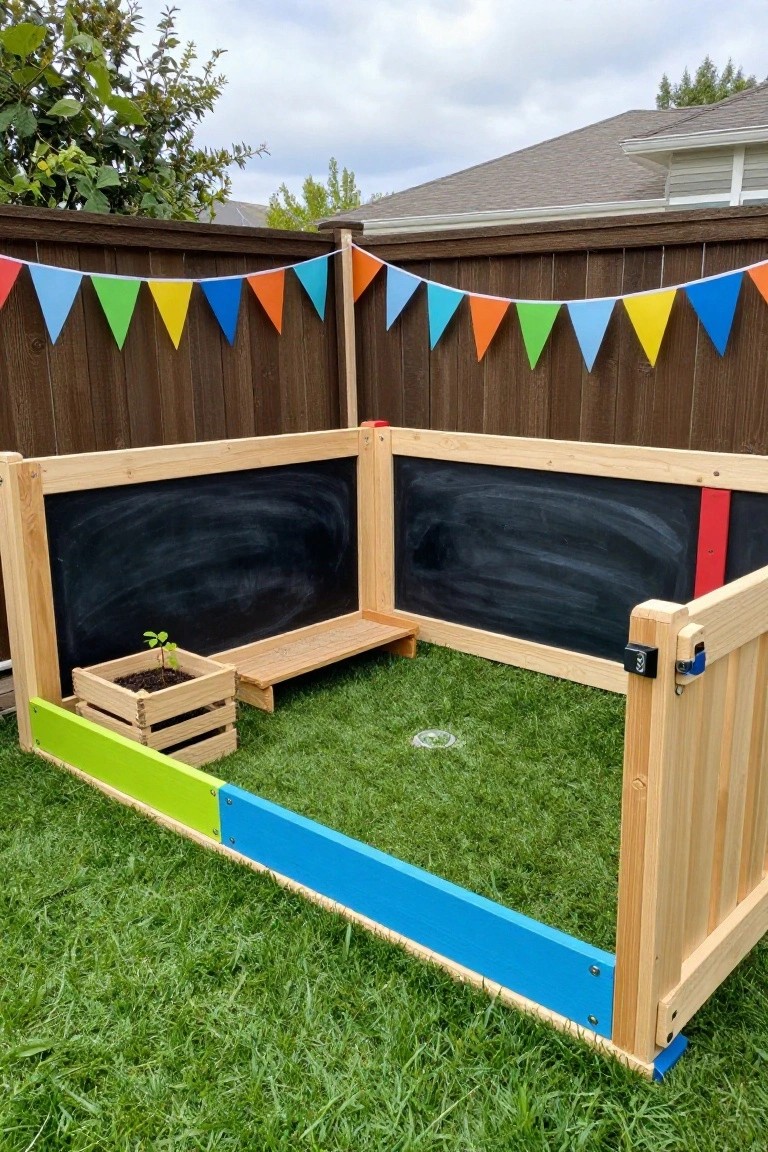 Wooden pallet-style fenced enclosure on grass in a backyard, featuring two black chalkboard panels, a wooden bench and step, a small wooden crate planter with a seedling, green and blue side panels, and colorful triangular bunting flags strung above.