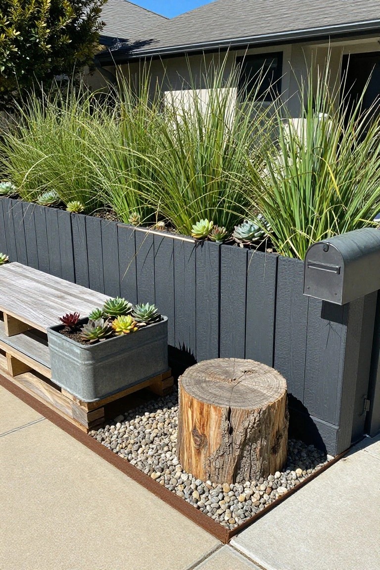 Gray slatted wooden fence functioning as a raised planter bed with ornamental grasses, succulents, echeverias, a weathered pallet bench, galvanized bucket planter, tree stump seat, pea gravel ground cover, and mailbox next to a house exterior.