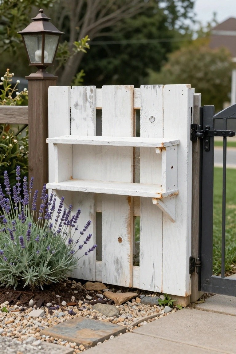 Whitewashed pallet wood fence panel with open slats and a built-in horizontal shelf, attached to a wooden post beside a black metal gate, lavender plants and gravel mulch in front.