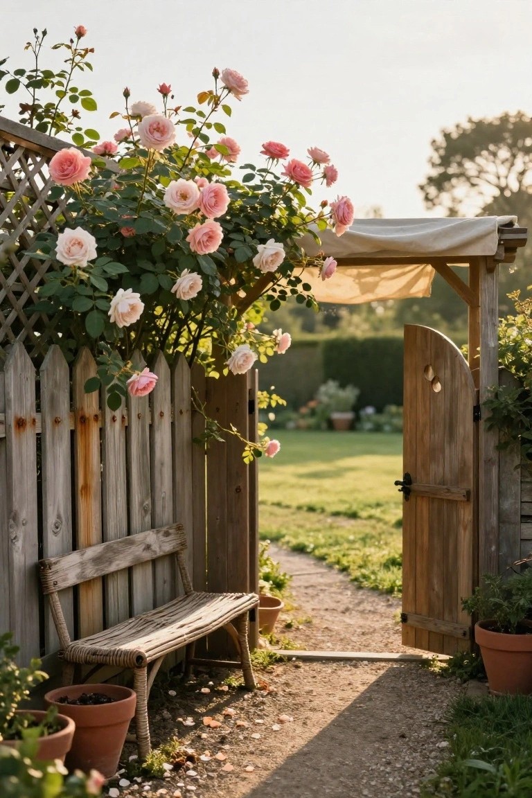 Weathered wooden picket fence covered in pink climbing roses, with an open arched gate, rustic woven bench beside it, potted plants, and a gravel path leading into a green garden.