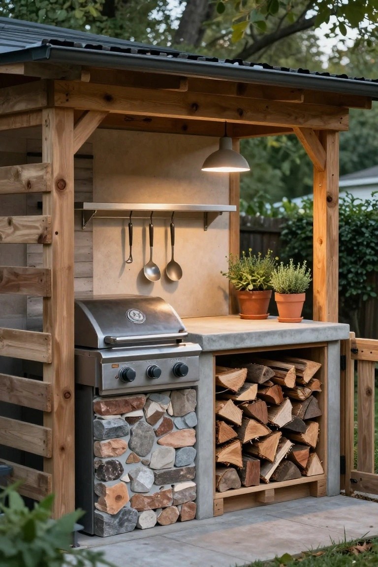 Wooden pallet-framed outdoor grill station with concrete countertop, stainless steel grill, hanging utensils, potted herbs, firewood storage, and pendant light under a sloped metal roof.