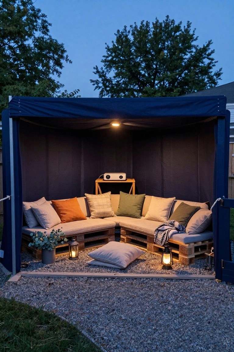Blue canvas canopy tent enclosing a corner seating area built from stacked wooden pallets with beige, orange, green and patterned cushions and pillows, a wooden stand holding a projector and speaker, potted eucalyptus plants, lanterns, and a throw blanket on gravel ground surrounded by grass and trees at dusk.