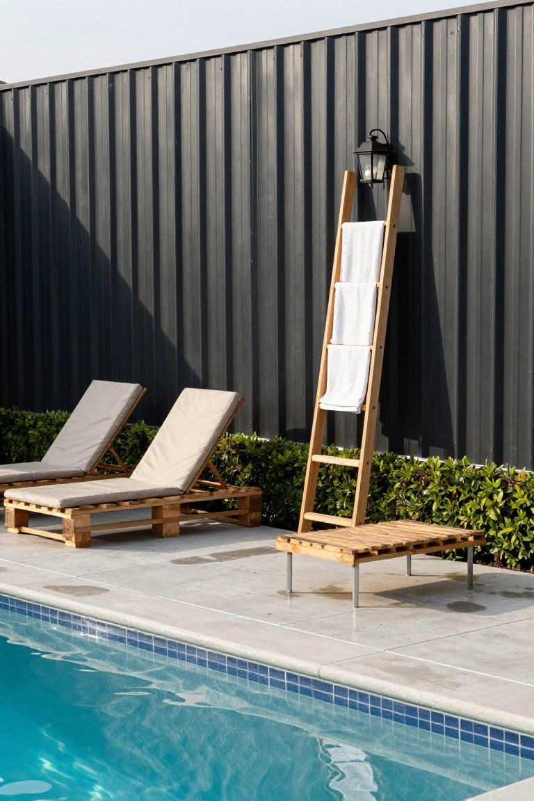 Backyard pool area with two beige-cushioned wooden pallet sun loungers, a low pallet side table, tall wooden towel ladder holding white towels against a dark corrugated metal fence, low green shrubs nearby, and pool water in foreground.