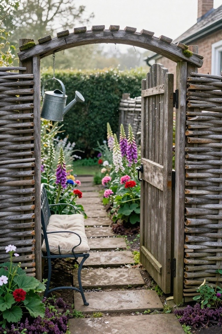 Open arched wooden gate framed by tall woven branch fence panels, with a metal watering can hanging above, stone path lined with flowers and plants leading through, and a bench nearby.