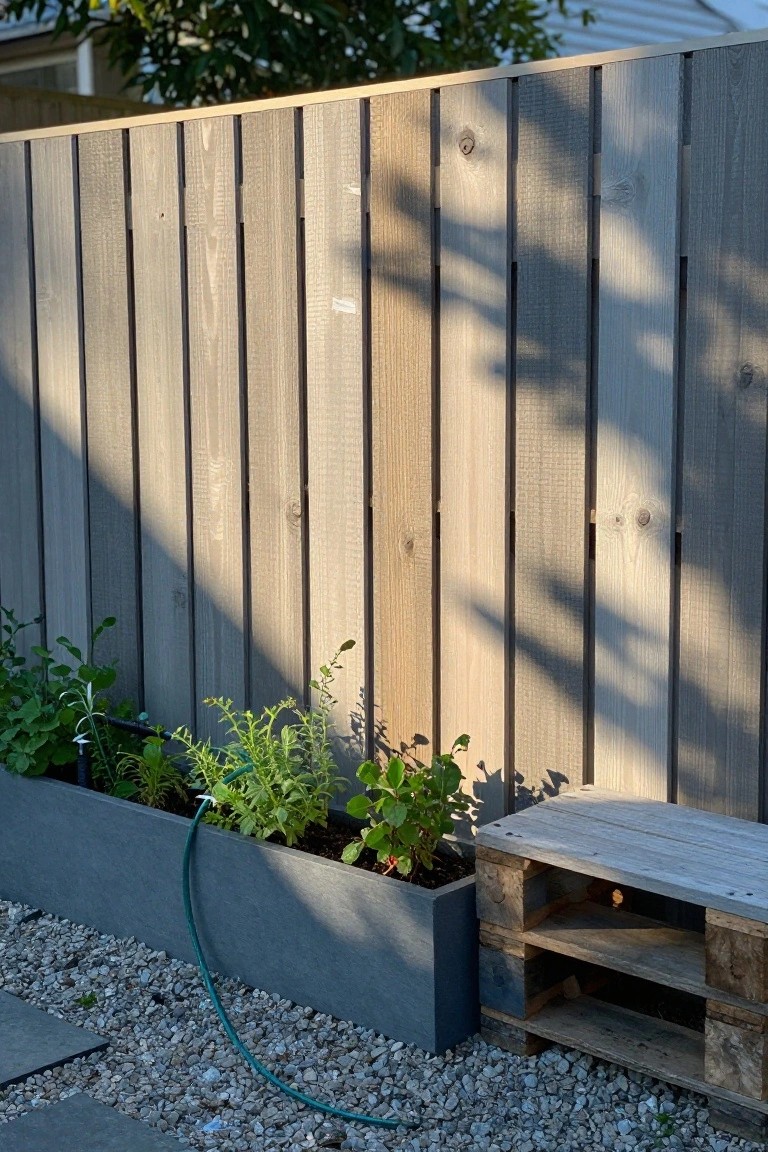 Tall gray vertical slat wooden fence beside a black rectangular planter box with various green plants and herbs, green hose coiled next to it, wooden pallet bench on white gravel ground with gray stone pavers in a backyard.