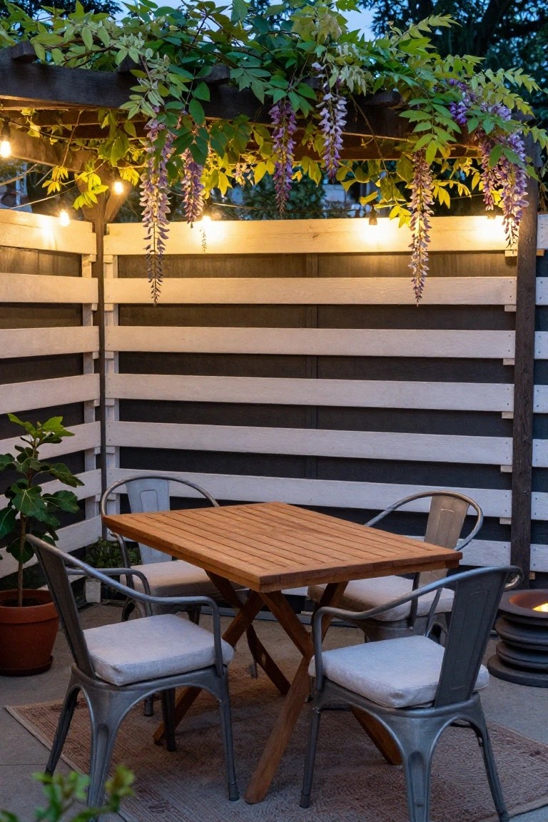 Outdoor dining area with teak table and four metal chairs with cushions, enclosed by vertical striped white and gray wooden slat fences, wisteria vines on pergola with string lights overhead, potted ficus and fire pit nearby.