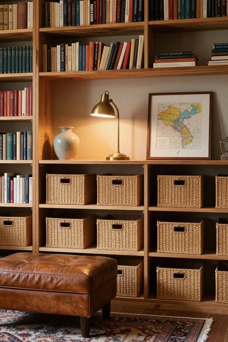 Wooden bookshelves with books on upper shelves, multiple woven baskets on lower shelves, a brass lamp, celadon vase, framed map, leather ottoman, and patterned rug in a cozy interior.