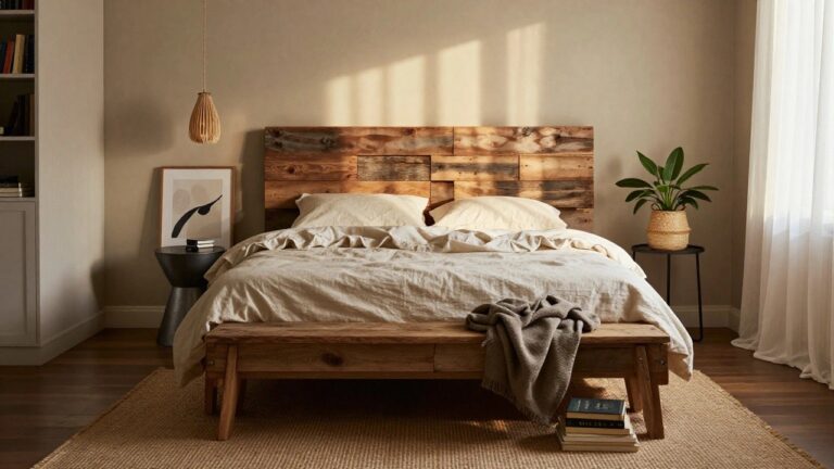 18 Beautiful Pallet Ideas For A Homey Handmade Feel Bedroom with wooden pallet bed frame and headboard, white bedding, potted plant in basket, bedside lamp on wood table, macrame hanger, and seagrass rug on wood floor.