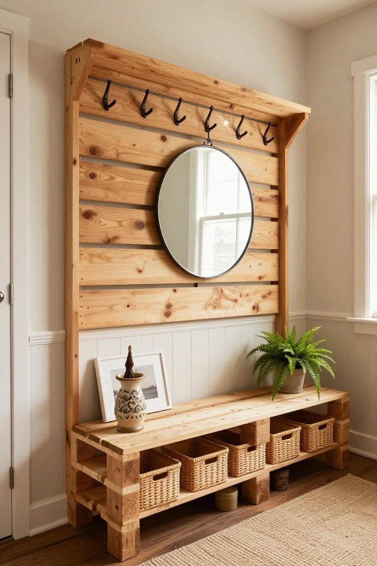 Tall wooden structure built from pallet slats in an entryway, with coat hooks at the top, a round mirror in the center, a bench at the bottom holding wicker baskets, flanked by doors and a potted plant.