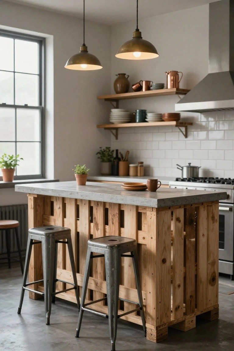Kitchen interior with a central island built from wooden pallets topped by concrete, flanked by metal bar stools, under brass pendant lights, with white subway tile backsplash and shelves holding pottery.