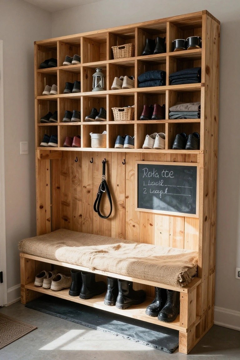 Tall wooden pallet-built cabinet in an entryway with multiple shelves holding shoes, boots, baskets, and folded clothes, plus a bench seat, hooks for a belt, and a chalkboard on the side.