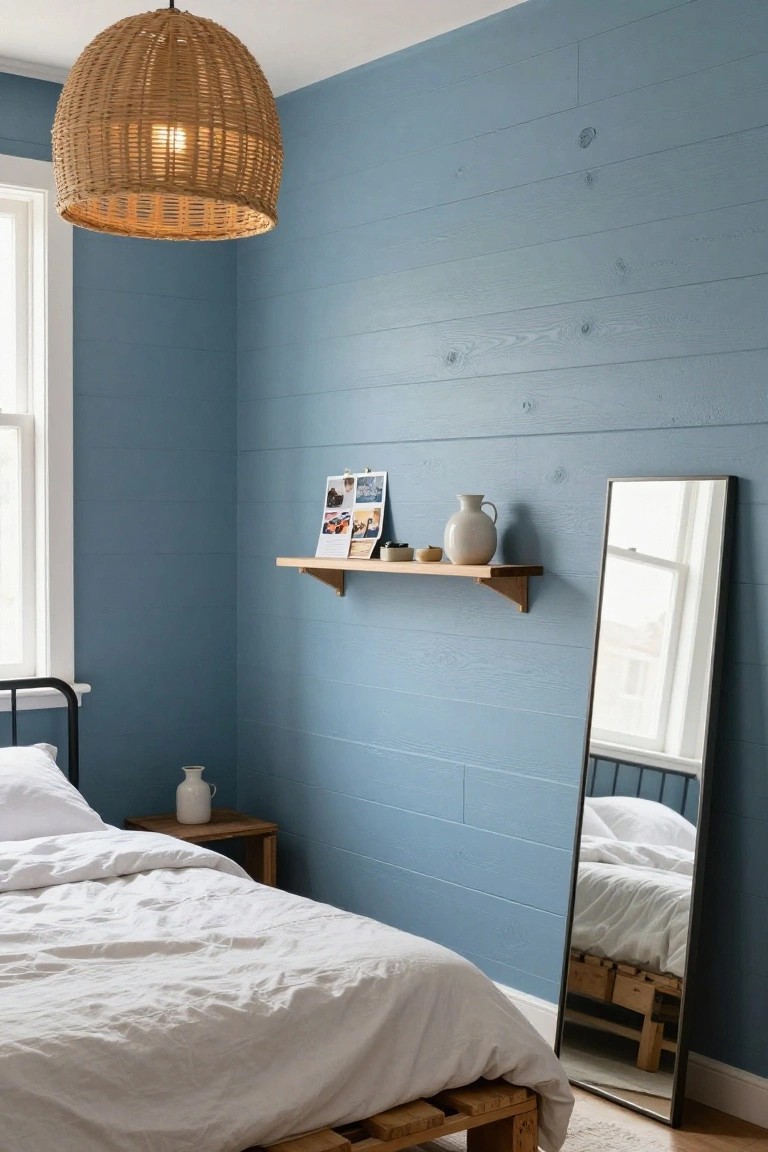 Bedroom interior with light blue shiplap walls, white bed on wooden pallet frame, tall black-framed mirror, woven pendant light overhead, wooden shelf holding pottery and photos, and bedside table with vase.