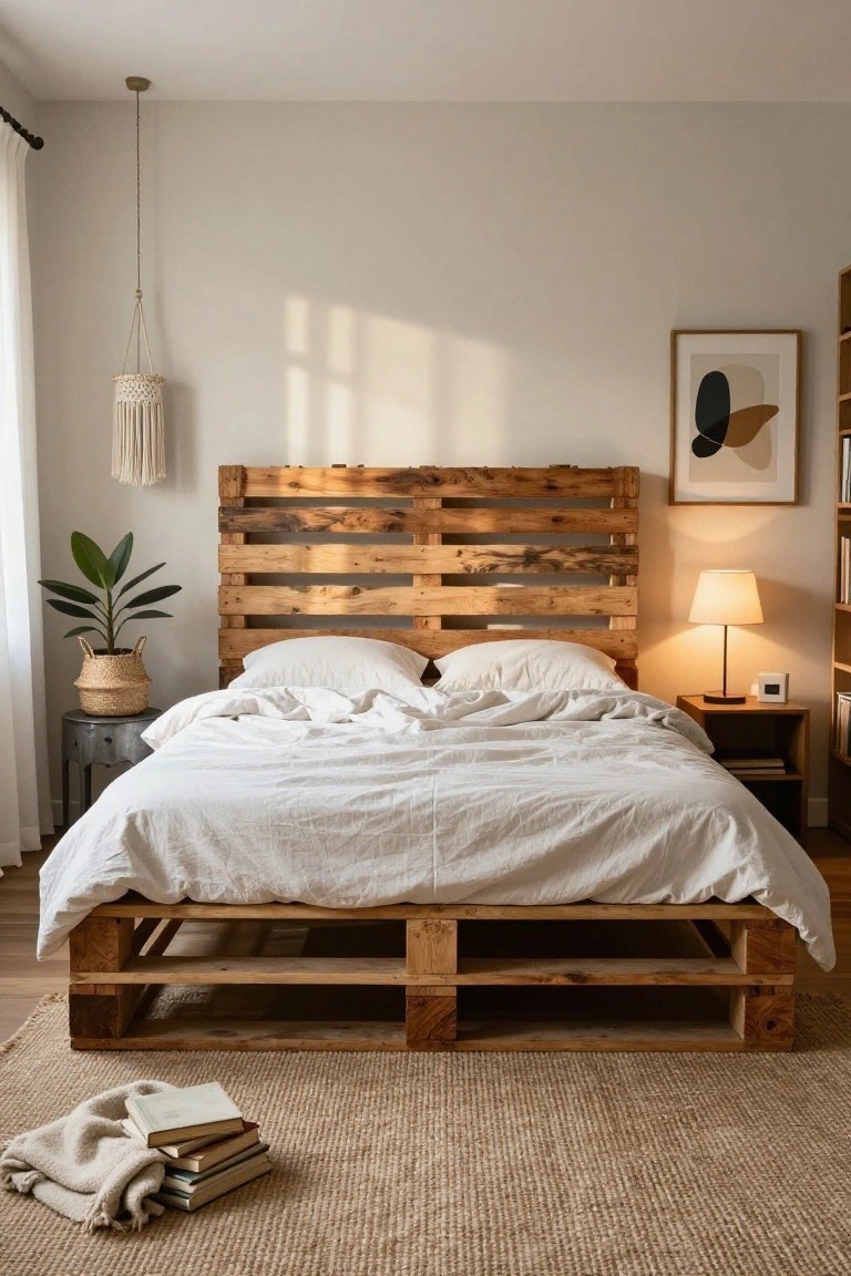 Bedroom with wooden pallet bed frame and headboard, white bedding, potted plant in basket, bedside lamp on wood table, macrame hanger, and seagrass rug on wood floor.