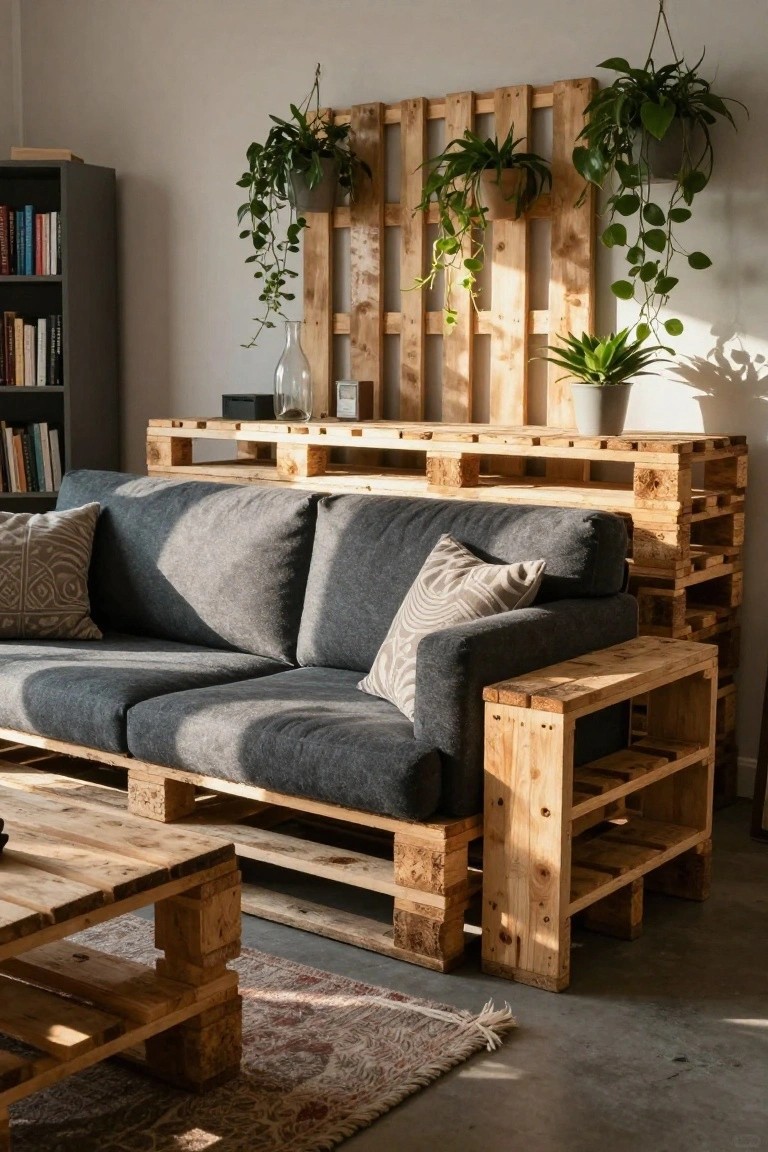 Living room with gray two-seater sofa on wooden pallet base, matching pallet coffee table and side table, pallet wall panel holding potted plants, bookshelves nearby.