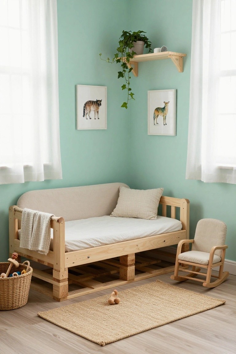 Mint green corner of a children's bedroom with wooden pallet daybed covered in beige linens and pillows, small rocking chair, toy basket, wooden toys on seagrass rug, ivy plant on shelf, and framed animal prints on walls.