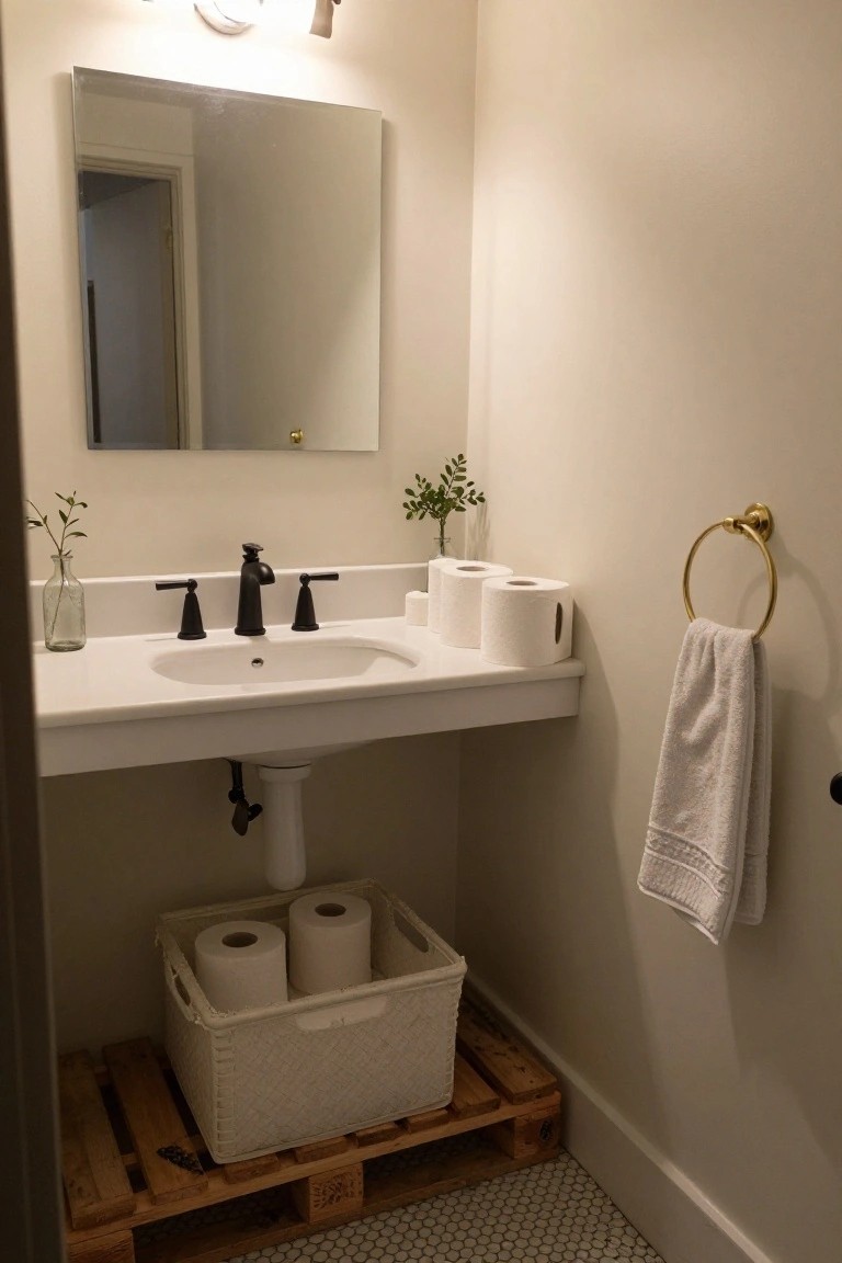 Small bathroom with floating white sink, black faucet, square mirror, gold towel ring with white towel, white basket of toilet paper rolls on wooden pallet platform under sink, and white penny tile floor.