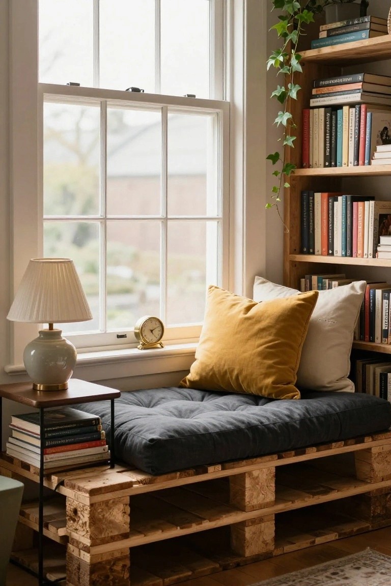 Indoor window nook featuring a wooden pallet bench with dark gray cushions and mustard yellow pillows, beside a small metal table holding stacked books and a white-shaded lamp, wooden bookshelves with books and trailing ivy plant, large multi-pane window showing garden view.