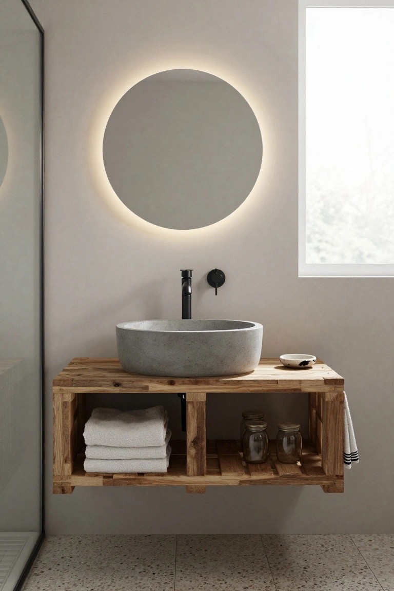 Modern bathroom interior with floating reclaimed wood pallet vanity holding gray concrete vessel sink, black faucet, open shelves with towels and jars, round backlit mirror, and glass shower enclosure on terrazzo tile floor.