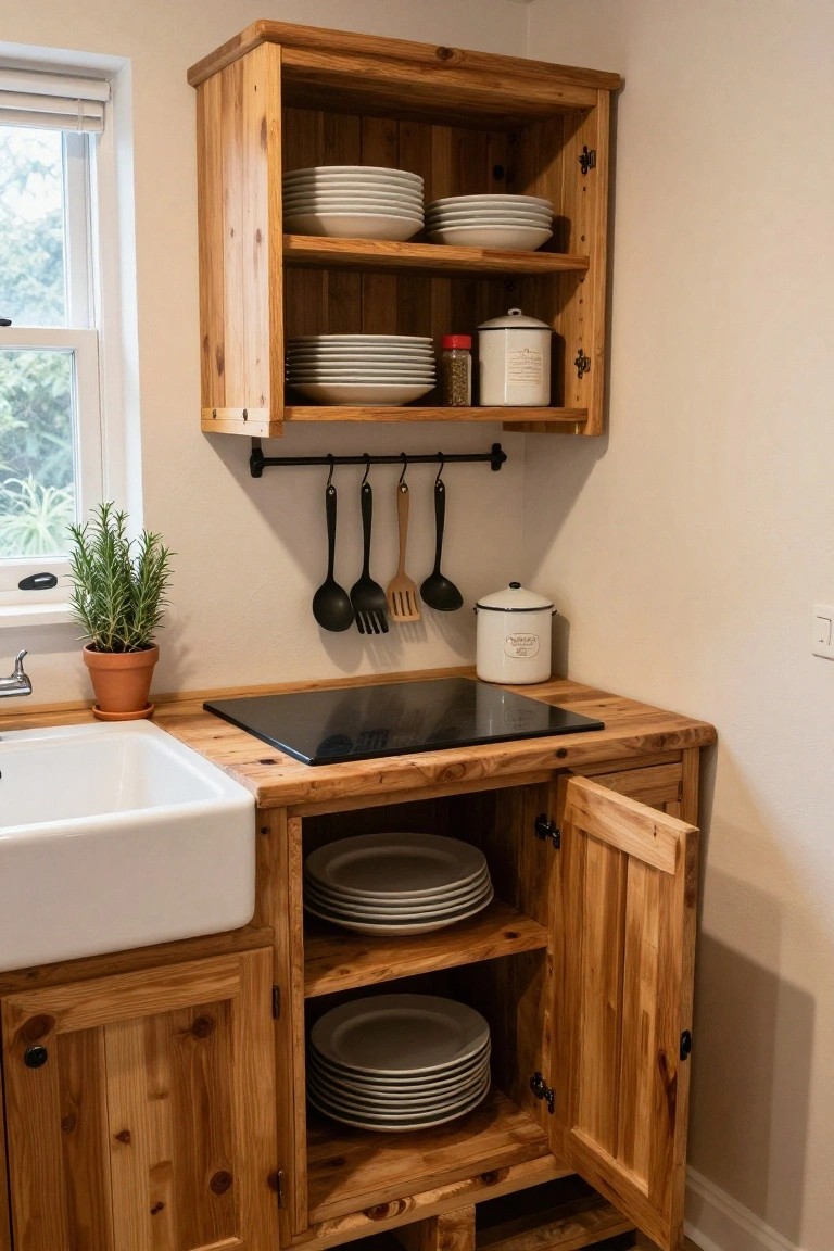 Close-up view of a wooden pallet-style kitchen corner with open upper shelves holding stacked white plates and bowls, hanging black utensils on a rod, a white farmhouse sink, black induction cooktop on wooden counter, and lower cabinets with open door showing more plates.