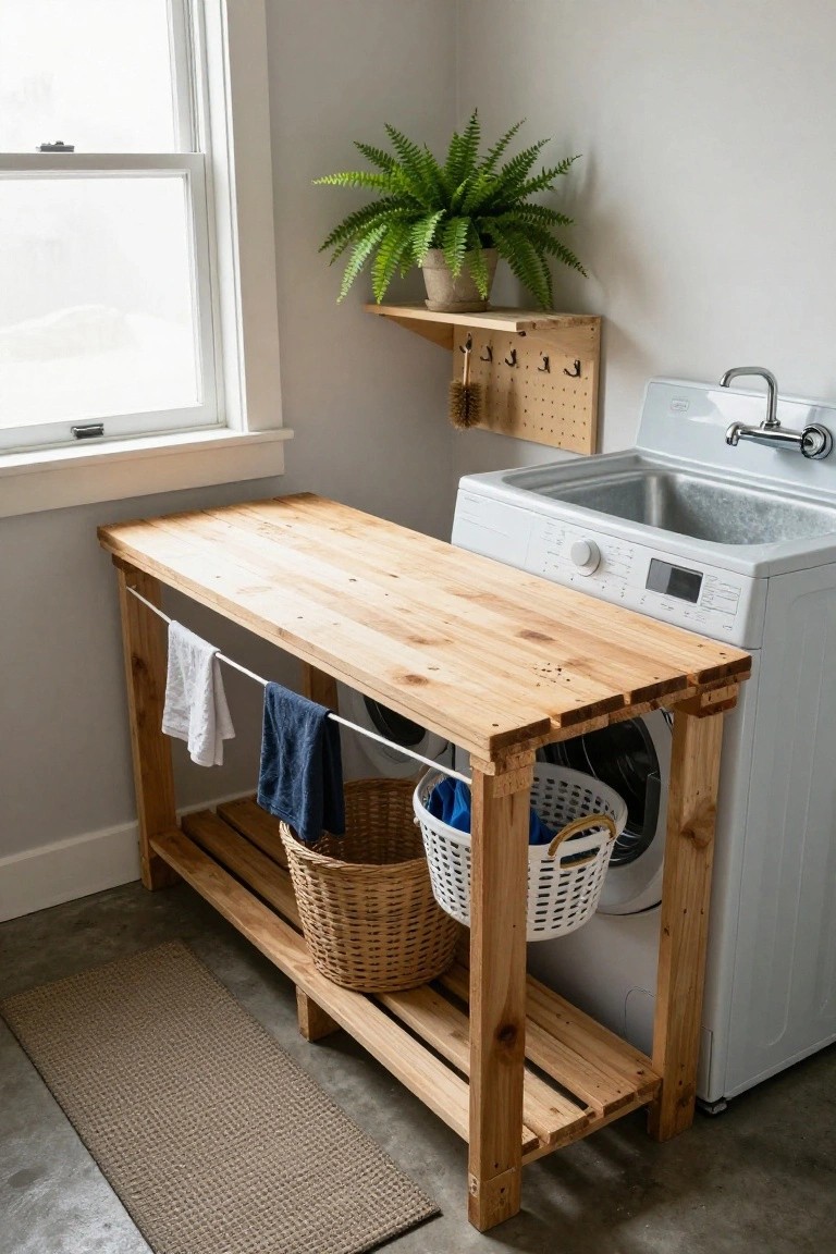 Wooden counter built beside a white front-loading washer and utility sink in a laundry room, with wicker baskets stored underneath, clothes hanging to dry on a line above the counter, and shelves on a nearby wall.
